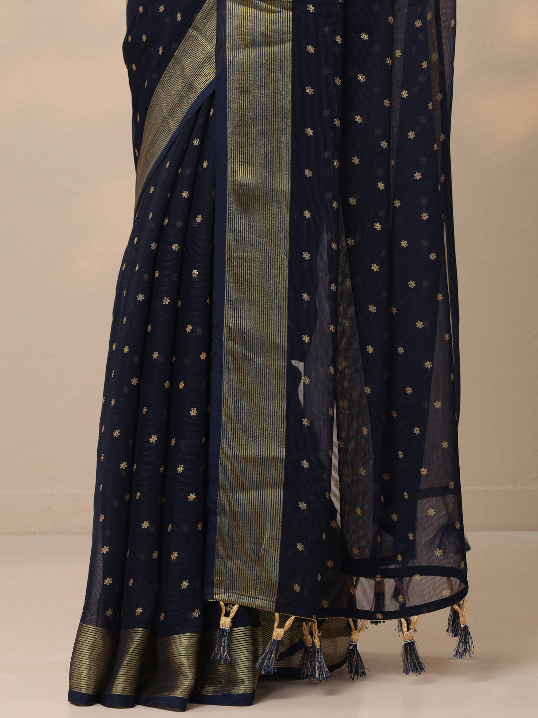  Blue Printed Chiffon Saree With Unstitched Blouse Piece 