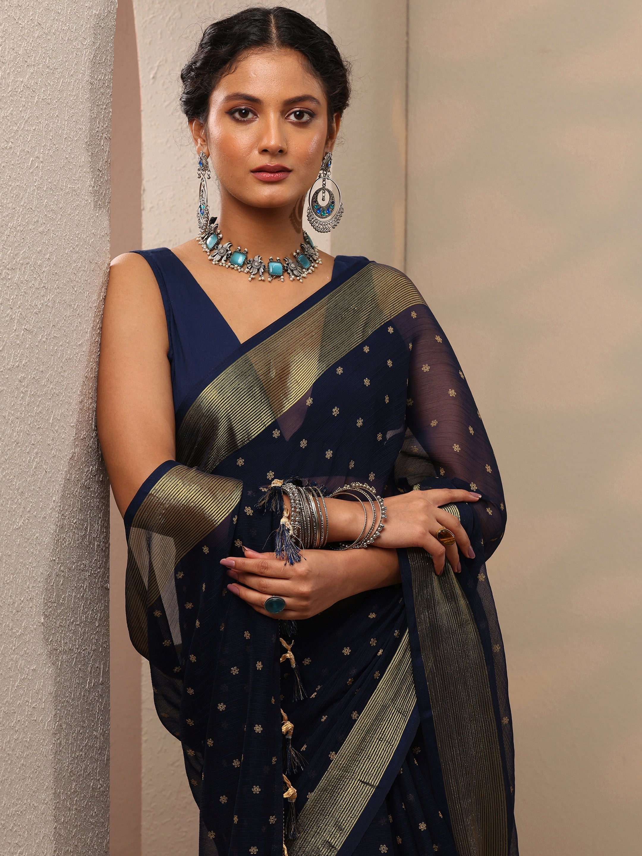 libas Blue Printed Chiffon Saree With Unstitched Blouse Piece-picture-23
