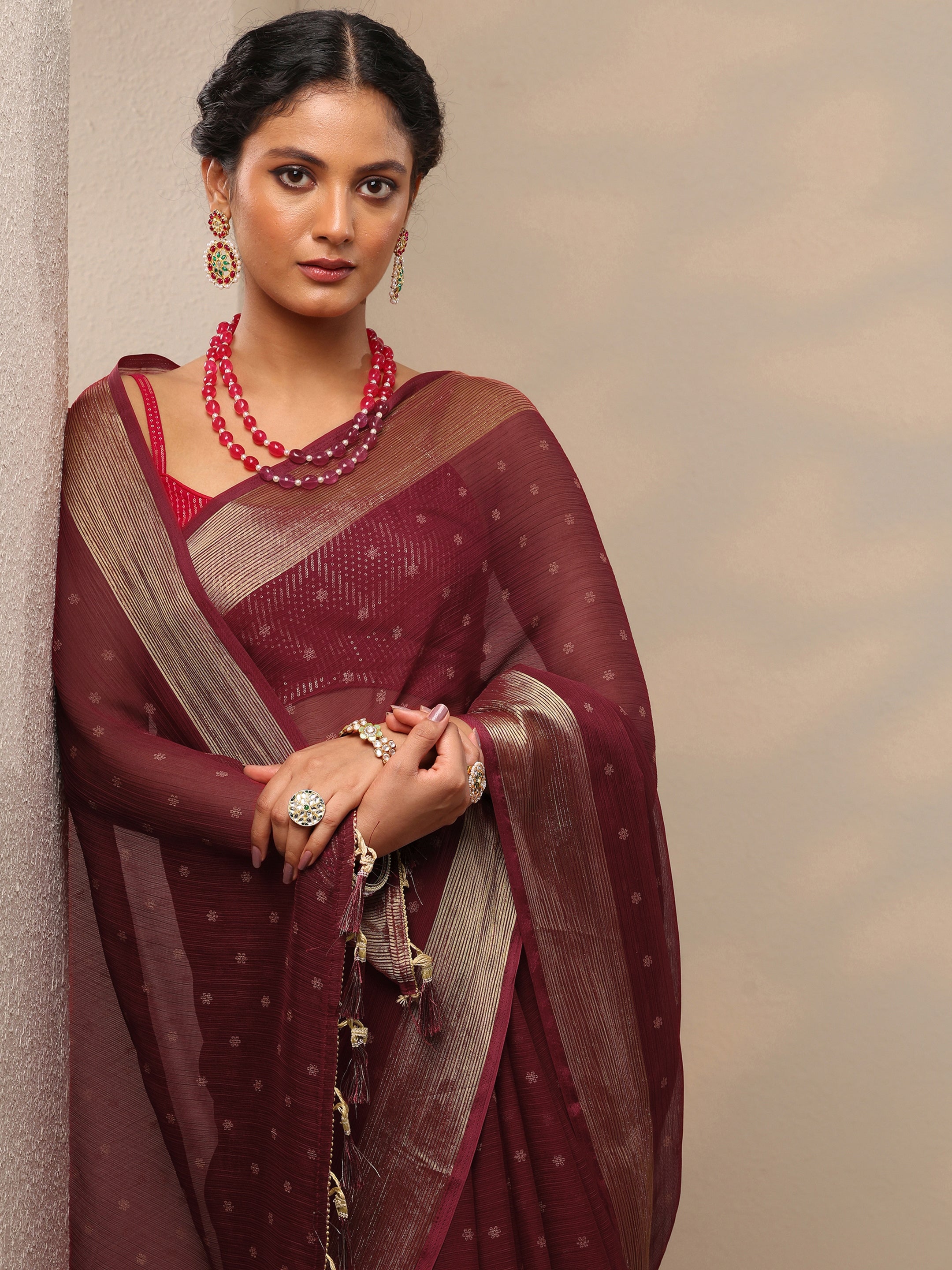 libas Wine Printed Chiffon Saree With Unstitched Blouse Piece-picture-34