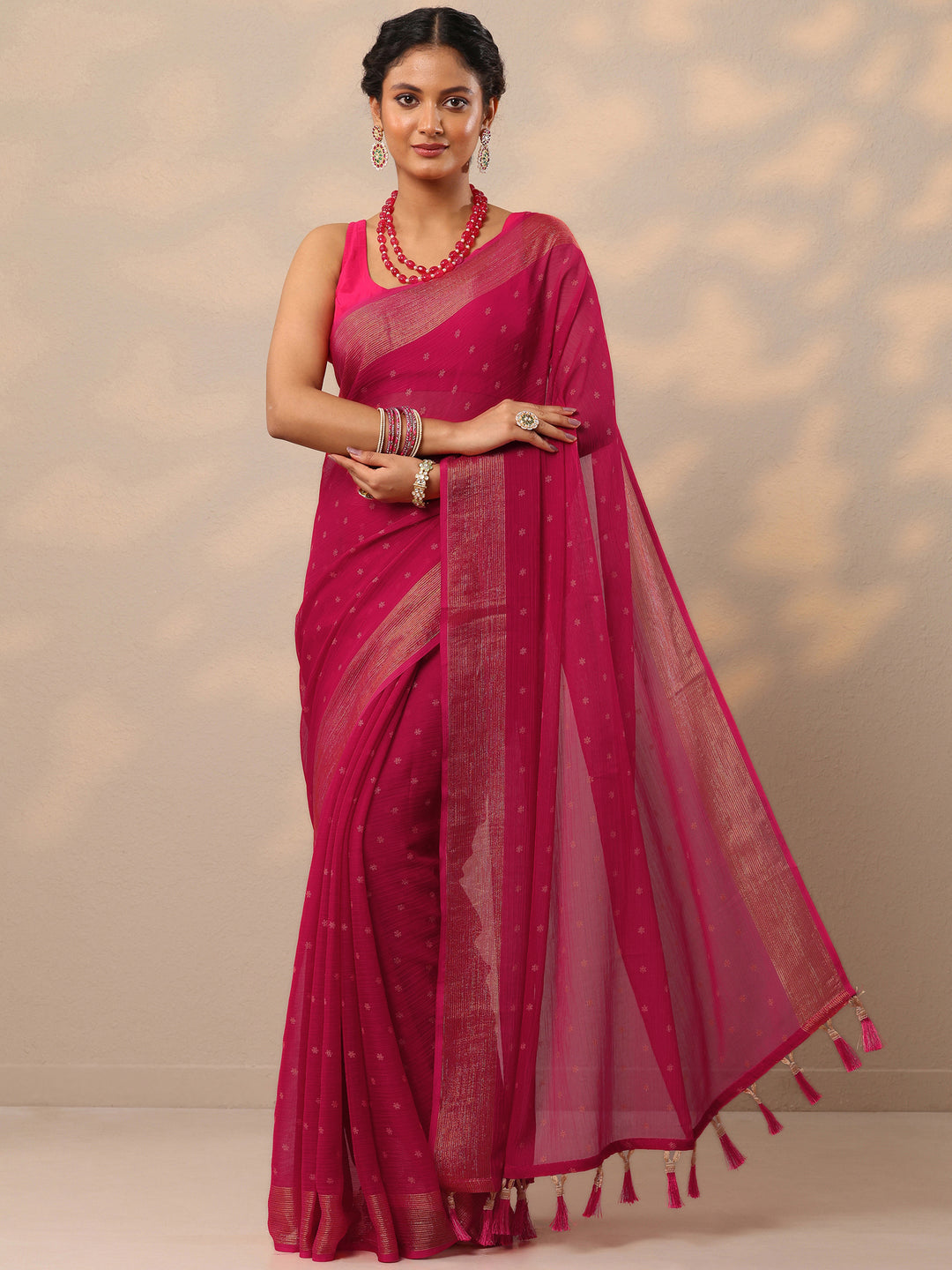  Pink Printed Chiffon Saree With Unstitched Blouse Piece 