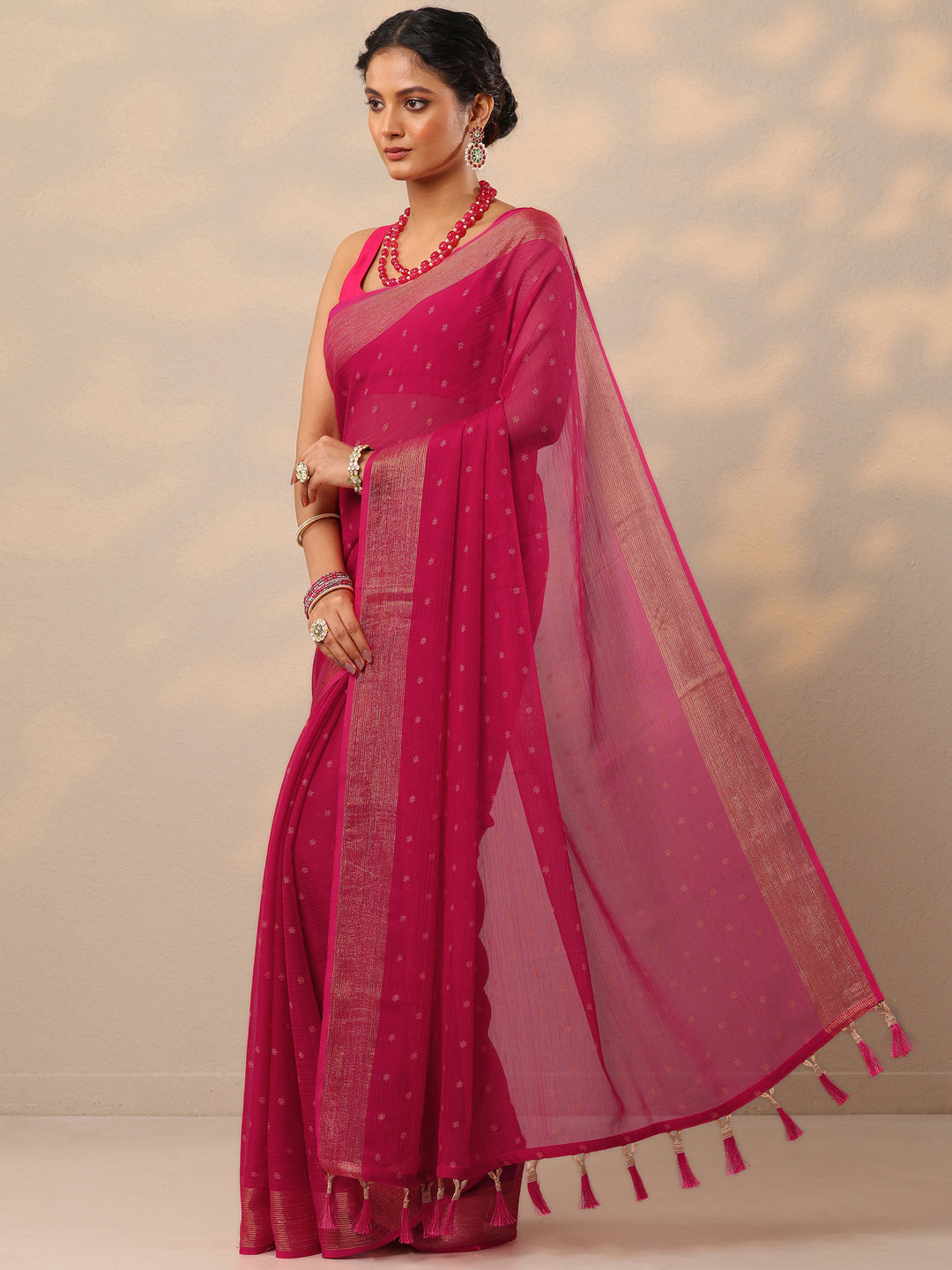  Pink Printed Chiffon Saree With Unstitched Blouse Piece 