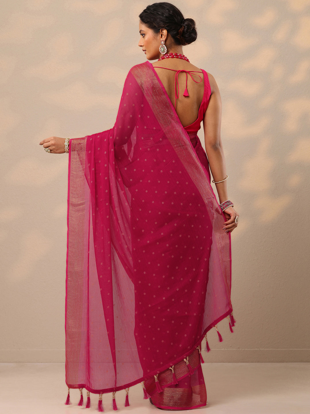  Pink Printed Chiffon Saree With Unstitched Blouse Piece 