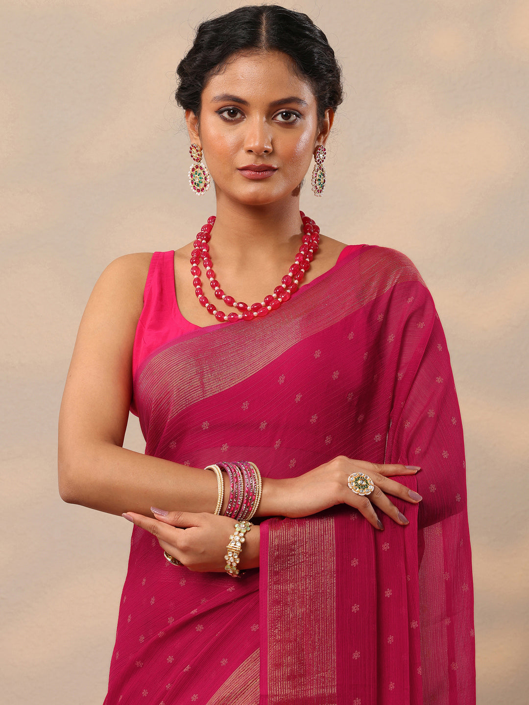  Pink Printed Chiffon Saree With Unstitched Blouse Piece 
