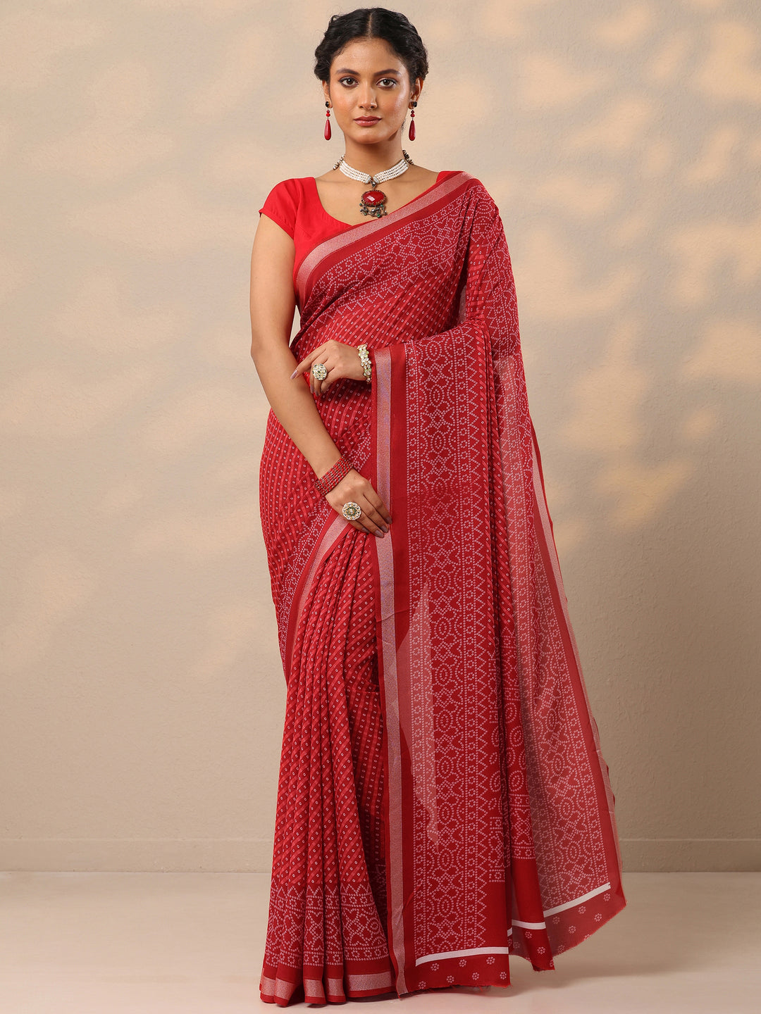  Red Bandhani Printed Georgette Saree With Unstitched Blouse Piece 