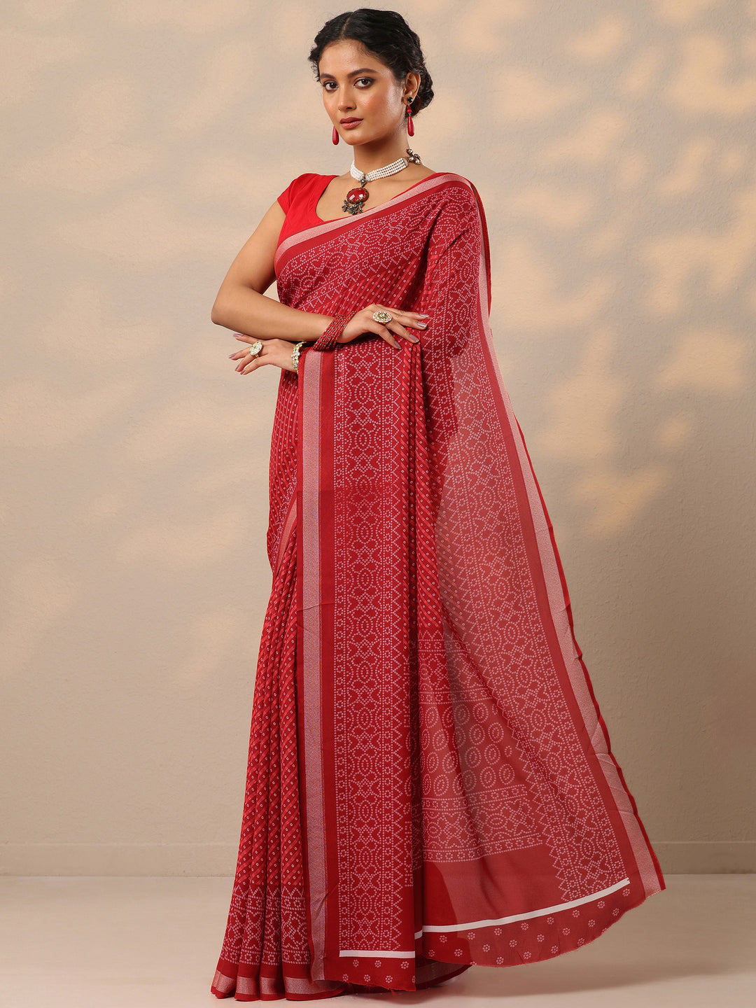  Red Bandhani Printed Georgette Saree With Unstitched Blouse Piece 