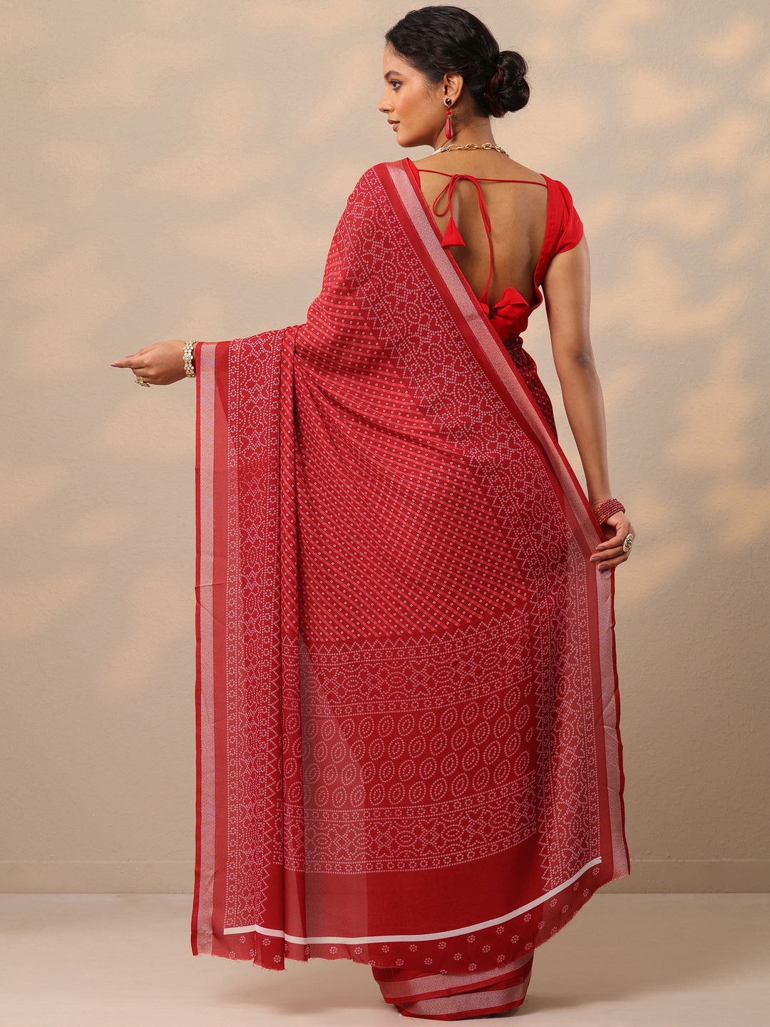  Red Bandhani Printed Georgette Saree With Unstitched Blouse Piece 