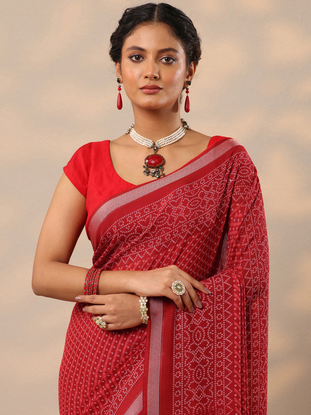  Red Bandhani Printed Georgette Saree With Unstitched Blouse Piece 