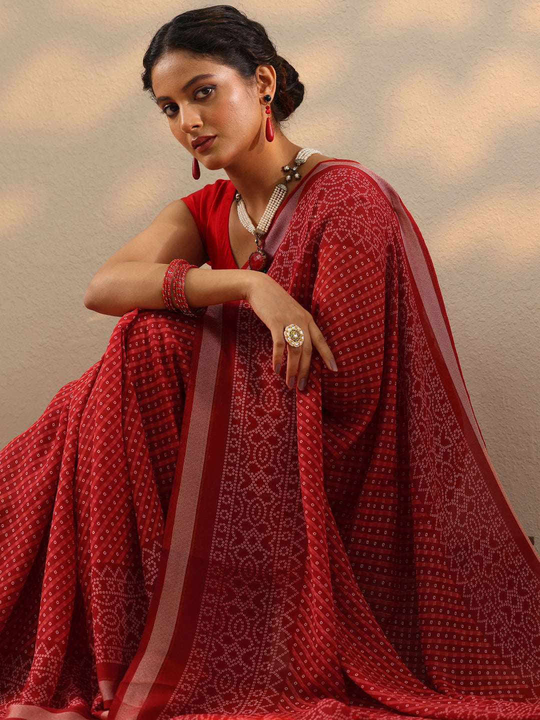  Red Bandhani Printed Georgette Saree With Unstitched Blouse Piece 