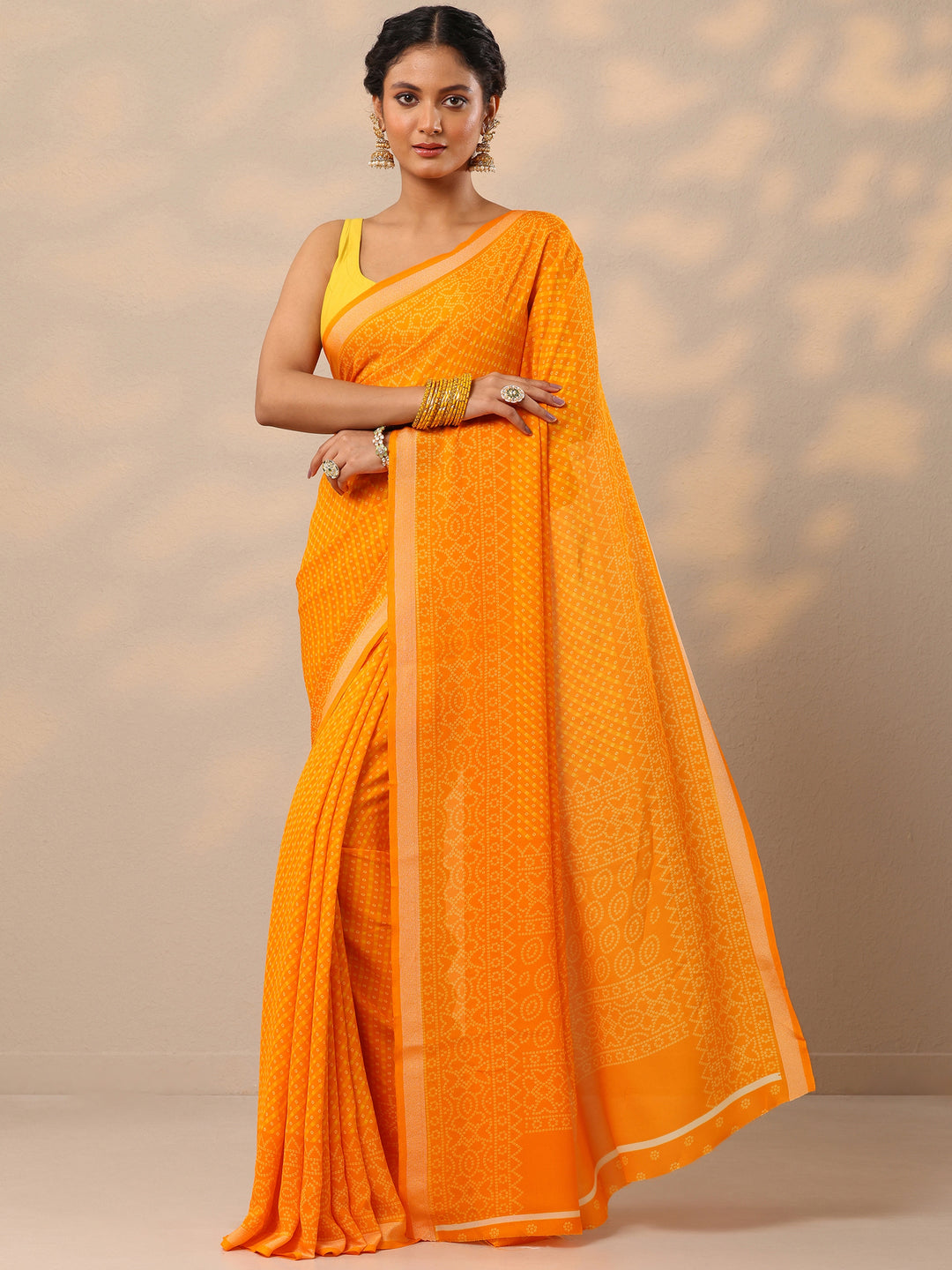 Yellow Bandhani Printed Georgette Saree With Unstitched Blouse Piece 