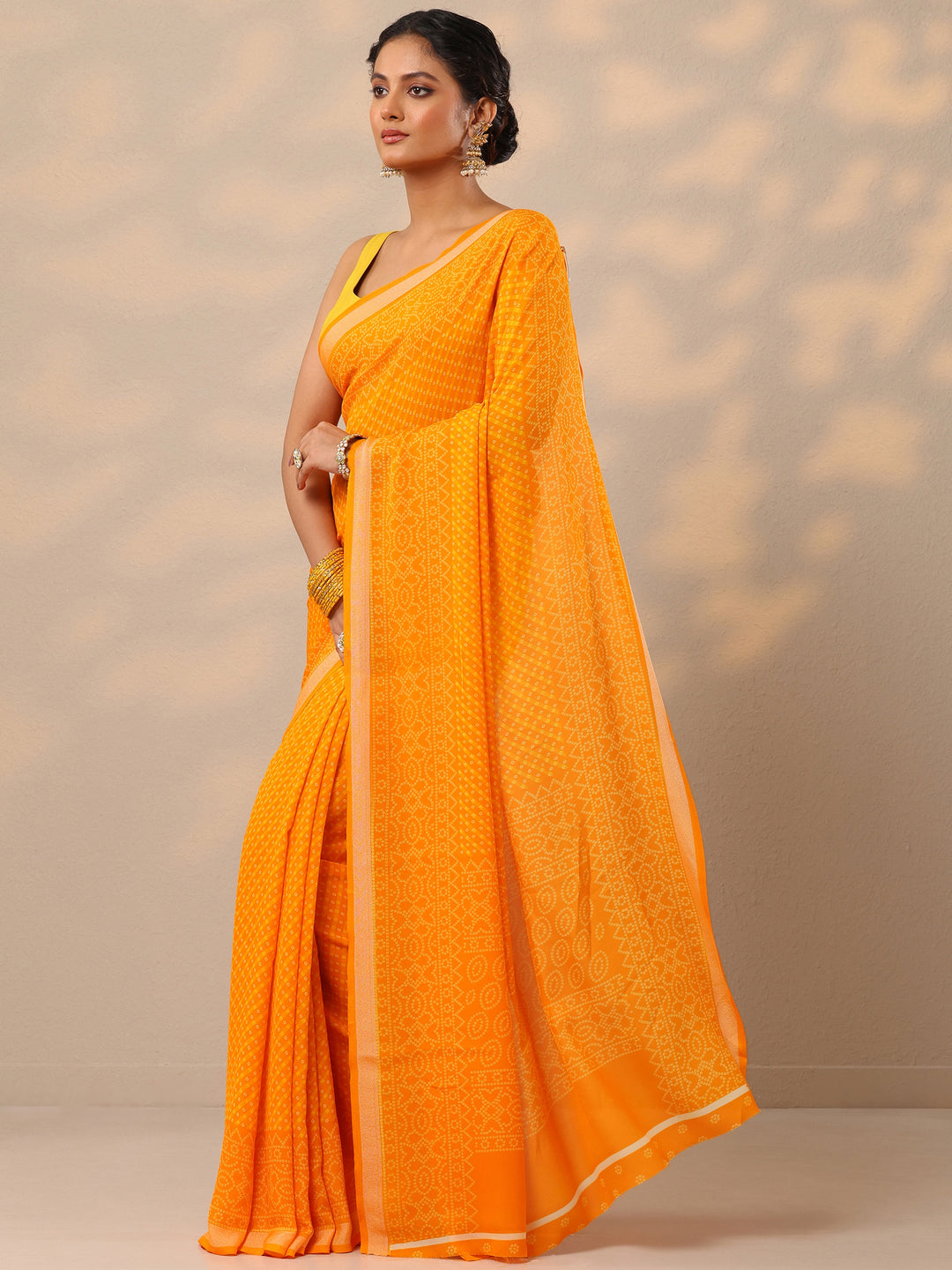  Yellow Bandhani Printed Georgette Saree With Unstitched Blouse Piece 