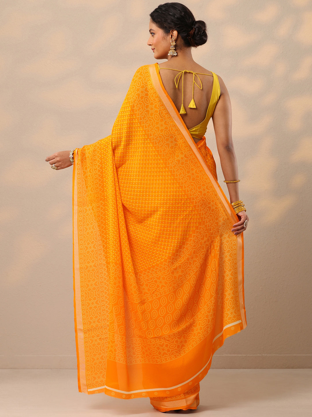  Yellow Bandhani Printed Georgette Saree With Unstitched Blouse Piece 
