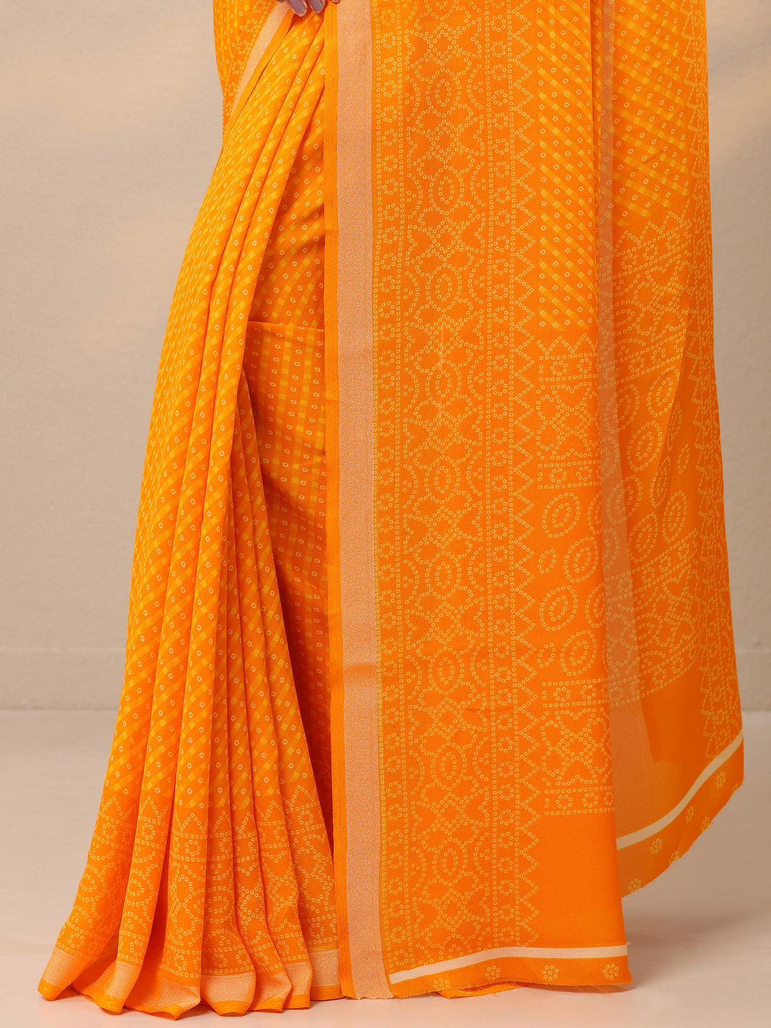  Yellow Bandhani Printed Georgette Saree With Unstitched Blouse Piece 