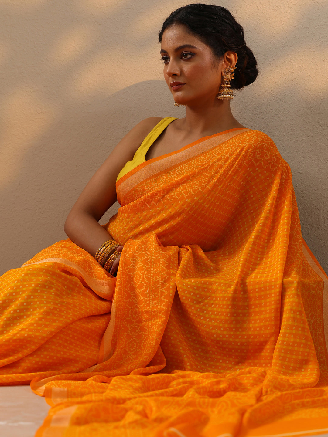  Yellow Bandhani Printed Georgette Saree With Unstitched Blouse Piece 