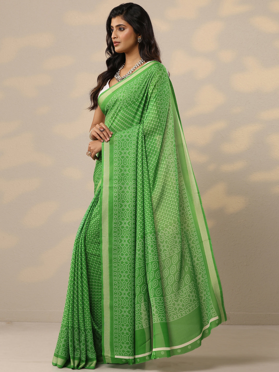  Green Bandhani Printed Georgette Sarees With Unstitched Blouse Piece 