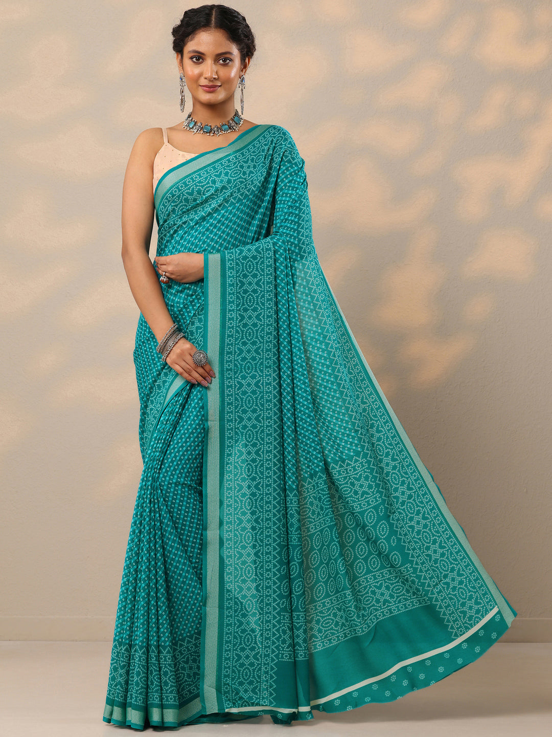  Blue Bandhani Printed Georgette Saree With Unstitched Blouse Piece 