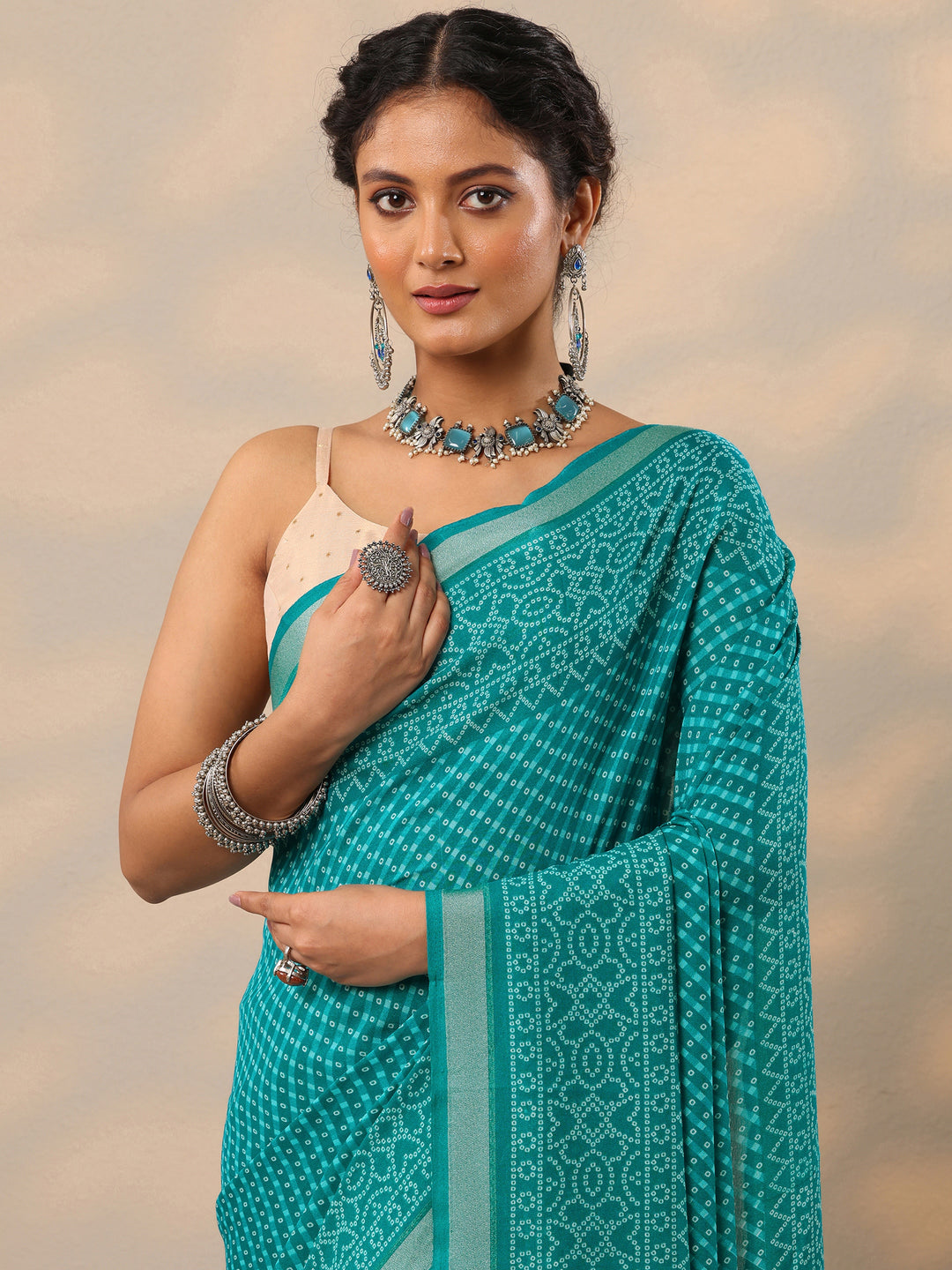  Blue Bandhani Printed Georgette Saree With Unstitched Blouse Piece 