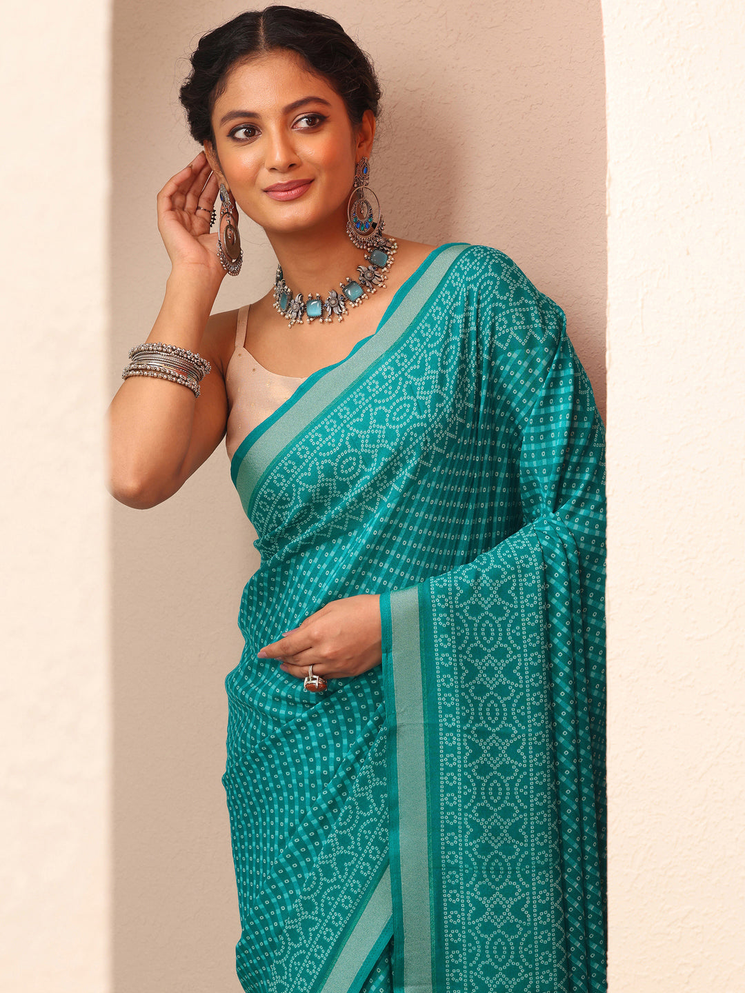  Blue Bandhani Printed Georgette Saree With Unstitched Blouse Piece 