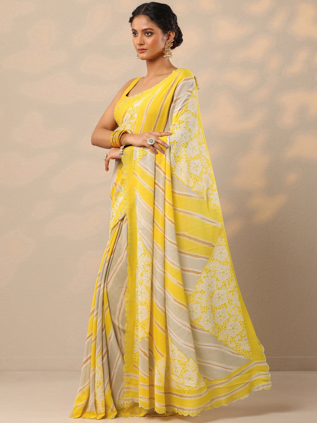  Yellow Leheriya Printed Georgette Saree With Unstitched Blouse Piece 