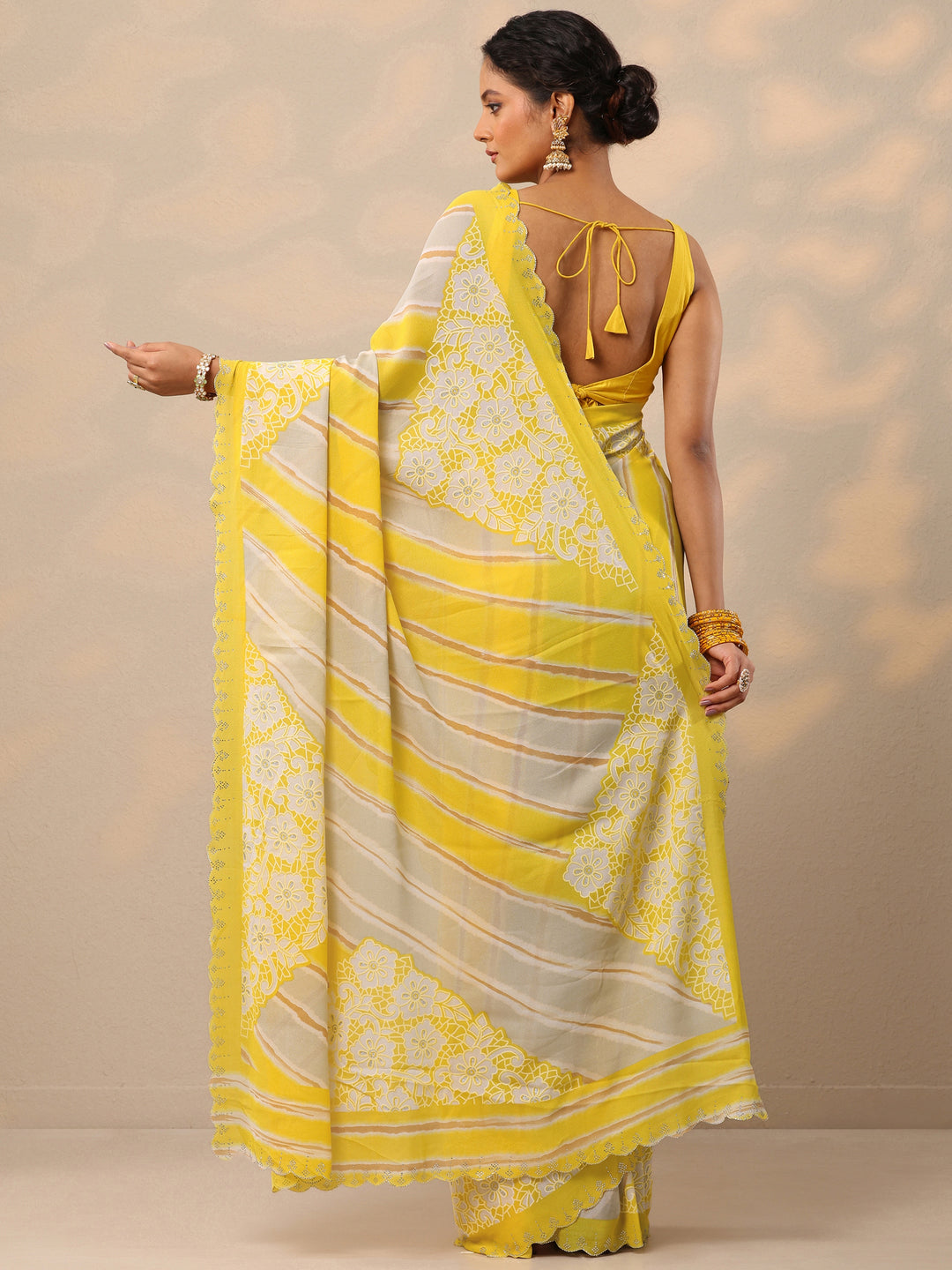  Yellow Leheriya Printed Georgette Saree With Unstitched Blouse Piece 