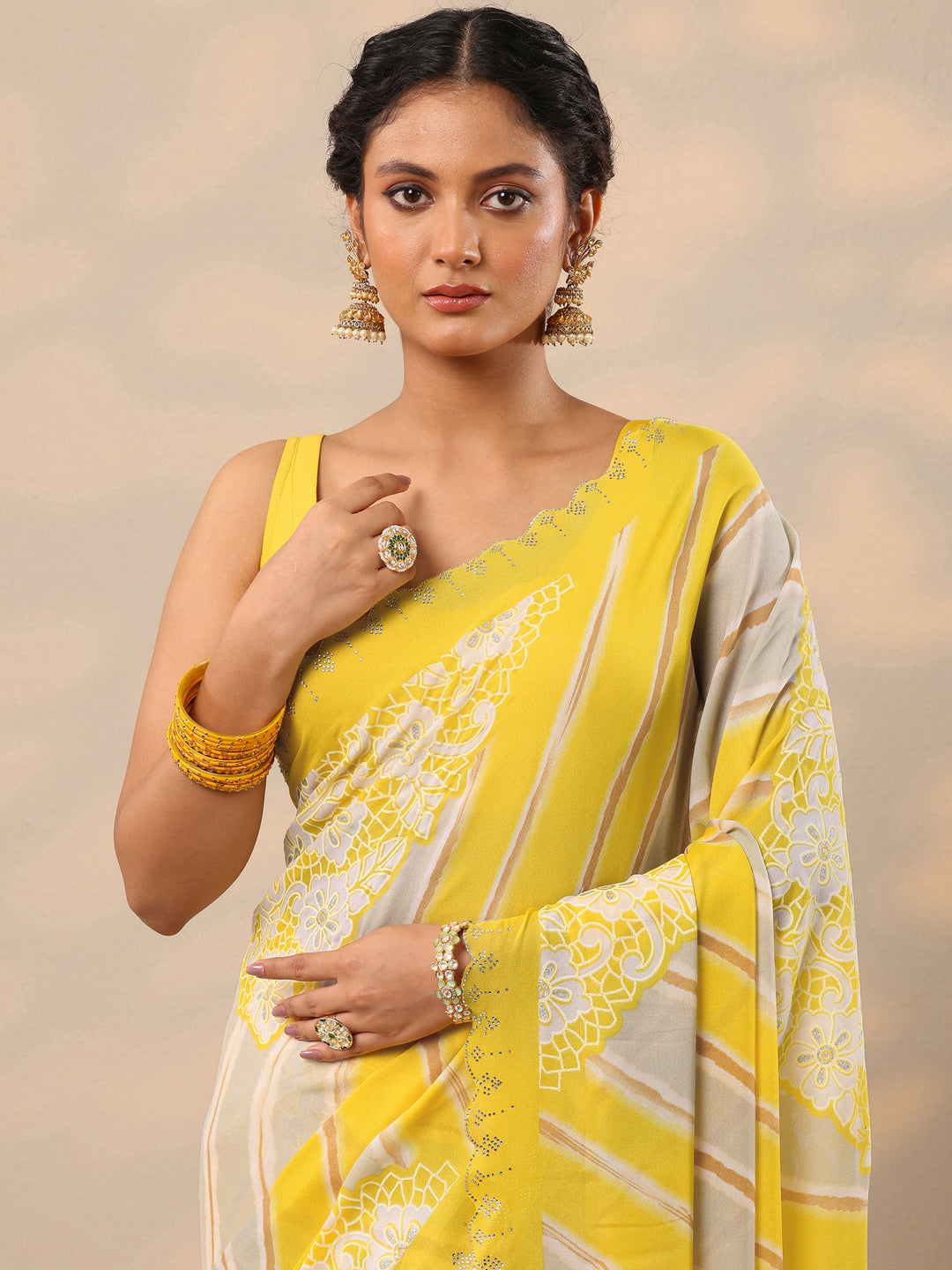  Yellow Leheriya Printed Georgette Saree With Unstitched Blouse Piece 
