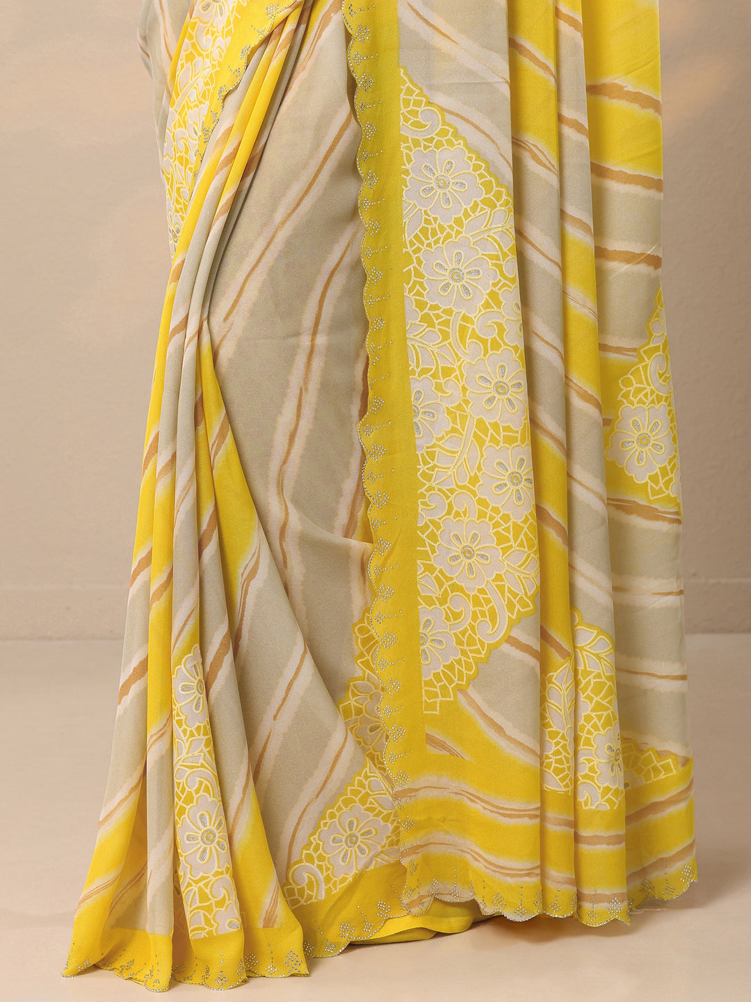  Yellow Leheriya Printed Georgette Saree With Unstitched Blouse Piece 