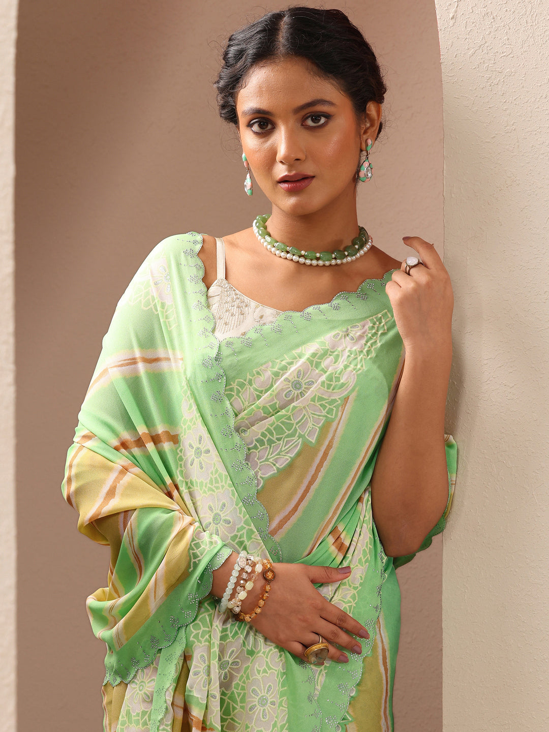  Green Leheriya Printed Georgette Saree With Unstitched Blouse Piece 