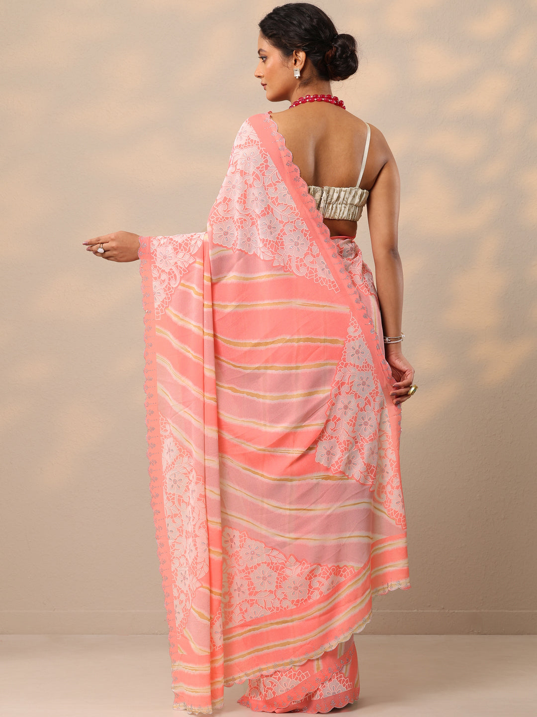 Coral Leheriya Printed Georgette Saree With Unstitched Blouse Piece 