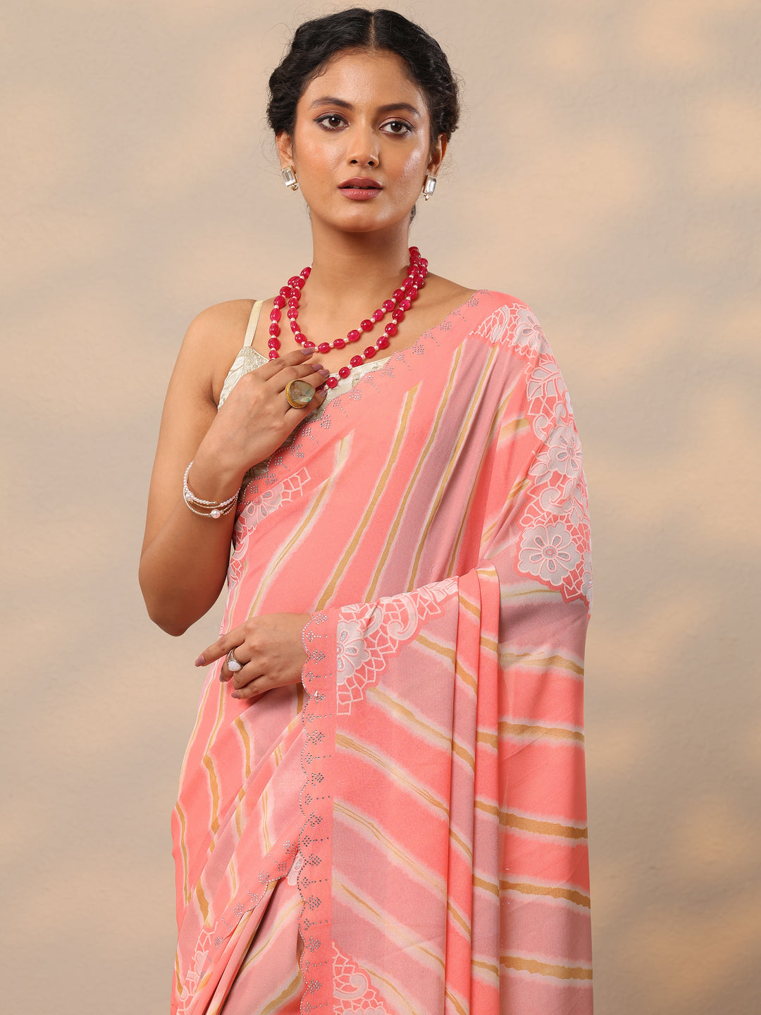 Coral Leheriya Printed Georgette Saree With Unstitched Blouse Piece 