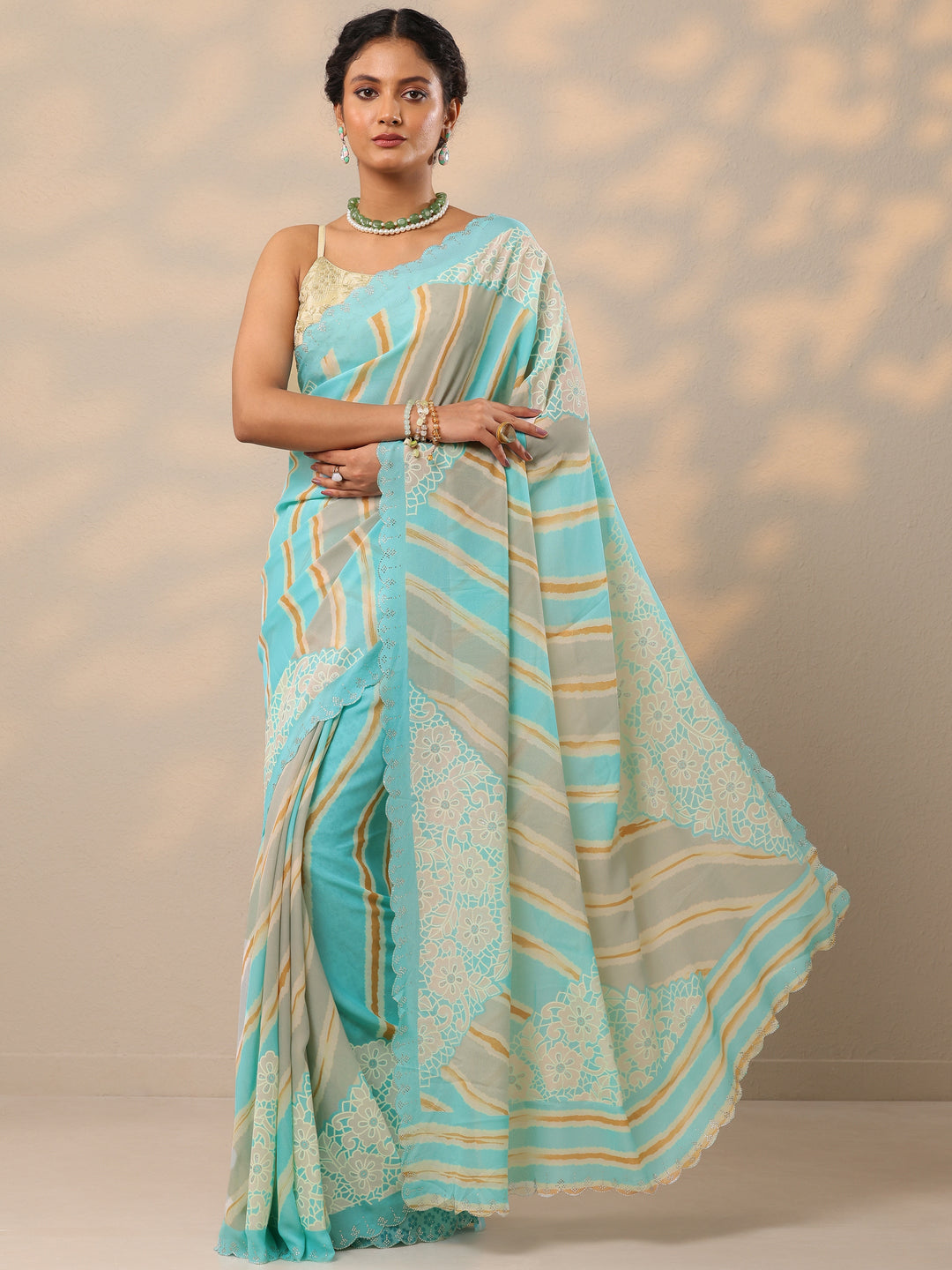 Blue Leheriya Printed Georgette Saree With Unstitched Blouse Piece