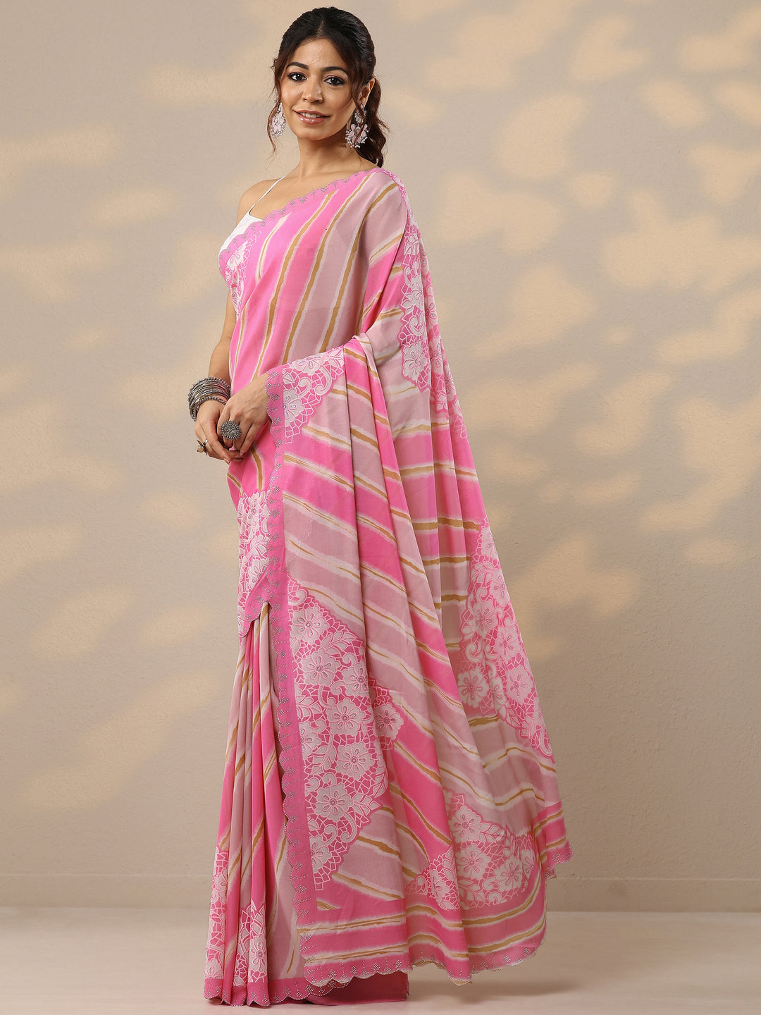  Pink Leheriya Printed Georgette Sarees With Unstitched Blouse Piece 