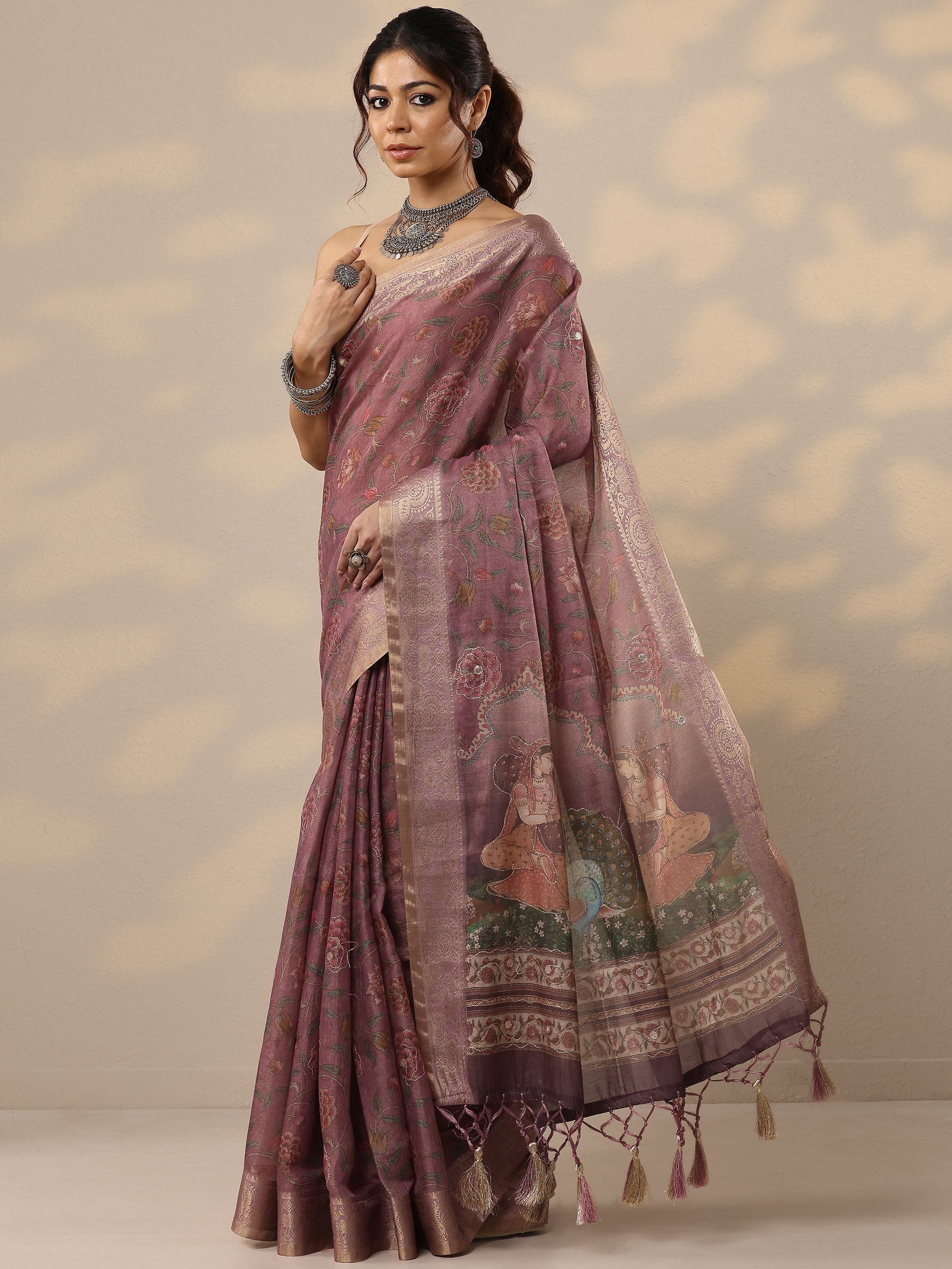 Lavender Printed Cotton Blend Sarees With Unstitched Blouse Piece
