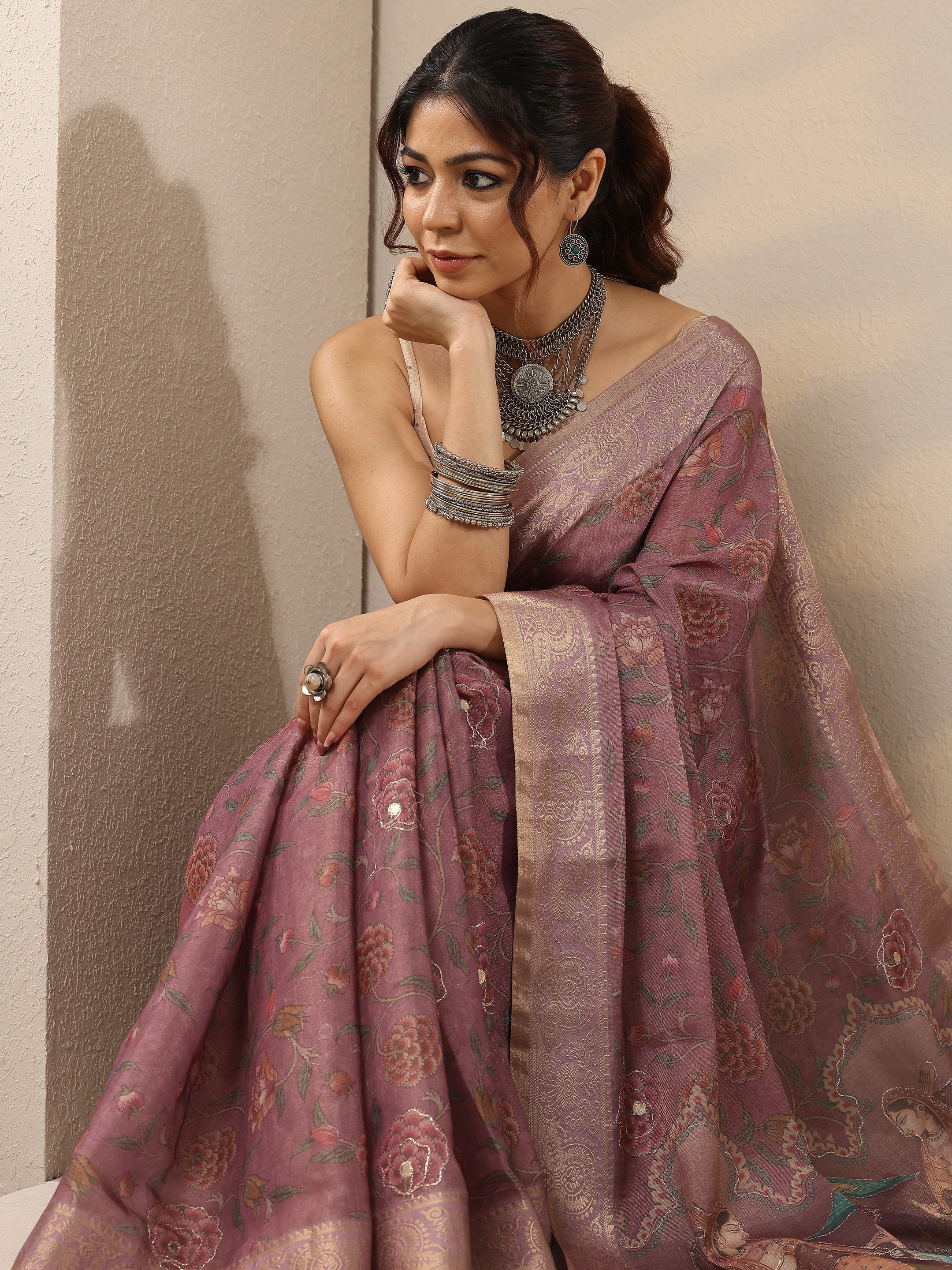 libas Lavender Printed Cotton Blend Sarees With Unstitched Blouse Piece-picture-42