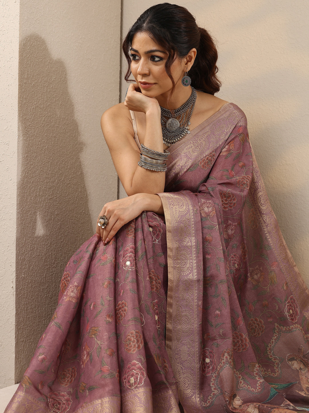 Lavender Printed Cotton Blend Sarees With Unstitched Blouse Piece