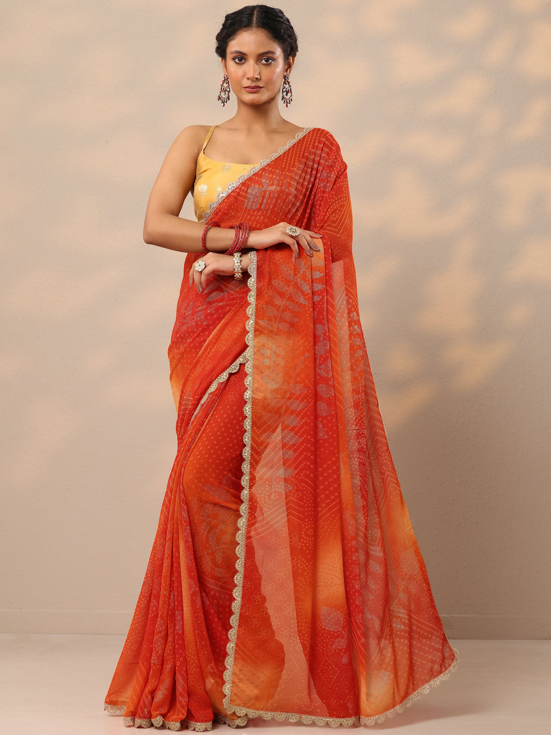  Orange Bandhani Printed Georgette Saree With Unstitched Blouse Piece 