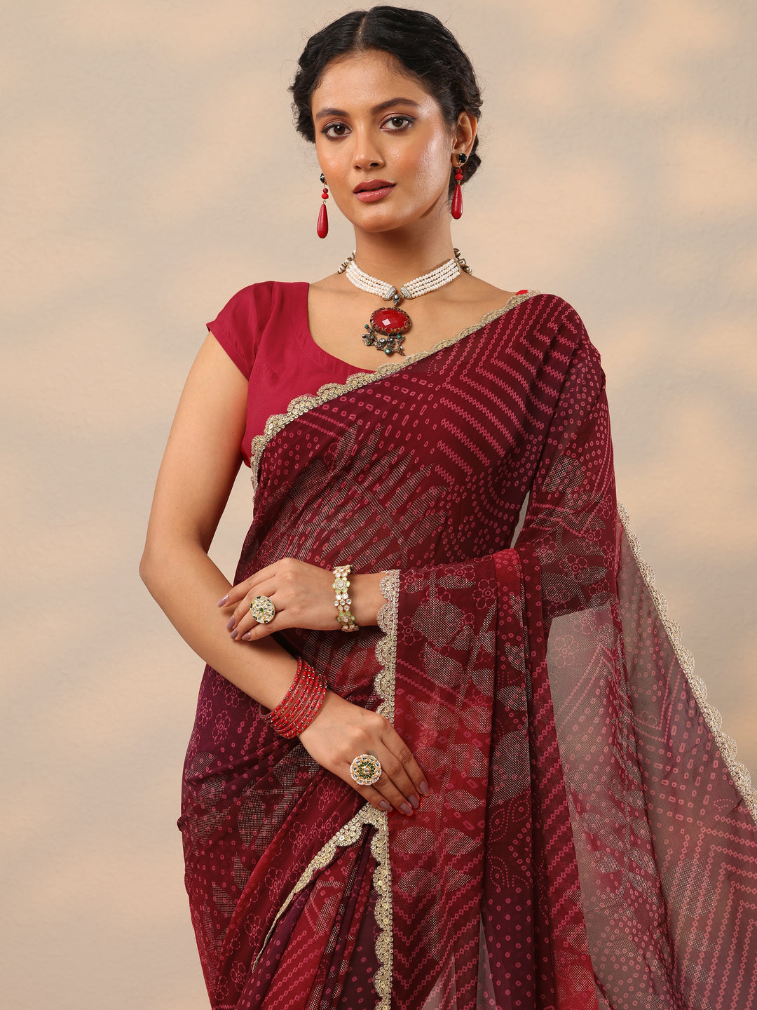  Maroon Bandhani Printed Georgette Saree With Unstitched Blouse Piece 
