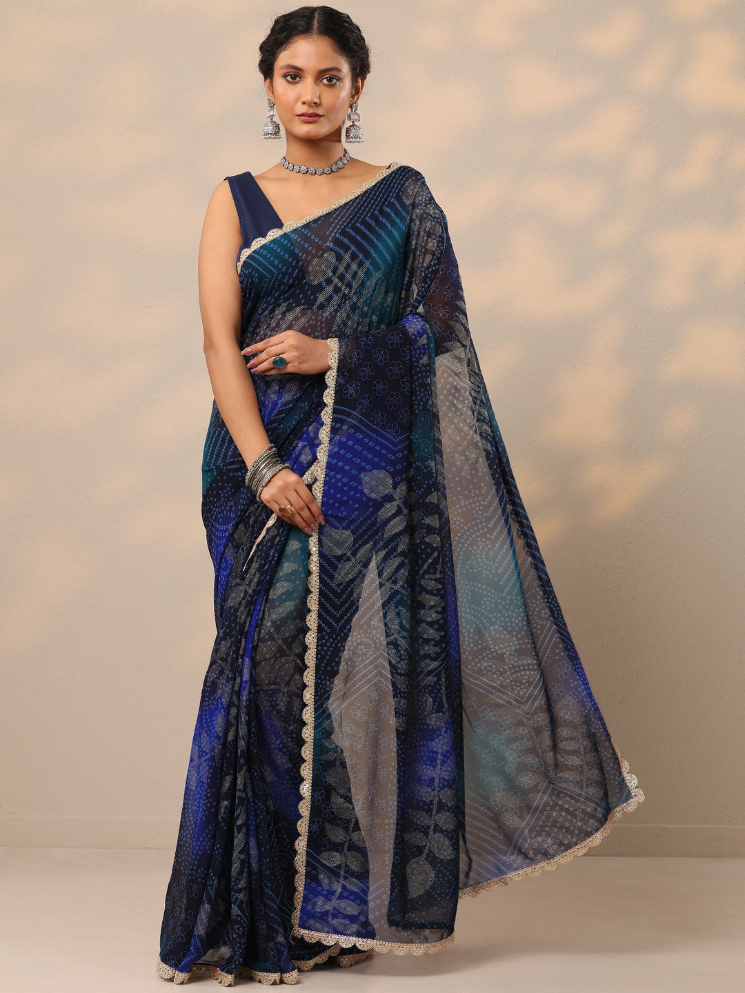  Blue Bandhani Printed Georgette Saree With Unstitched Blouse Piece 
