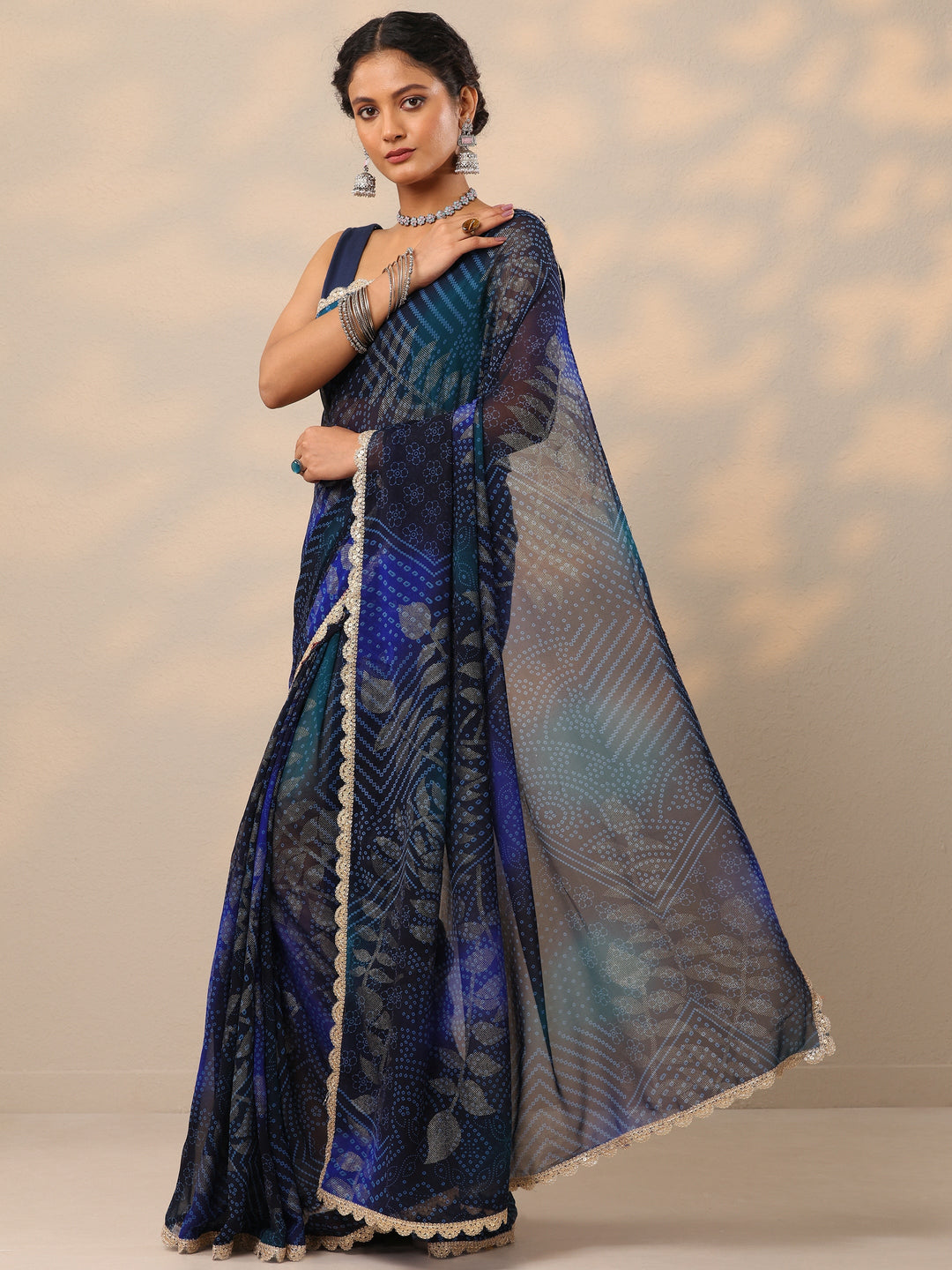  Blue Bandhani Printed Georgette Saree With Unstitched Blouse Piece 