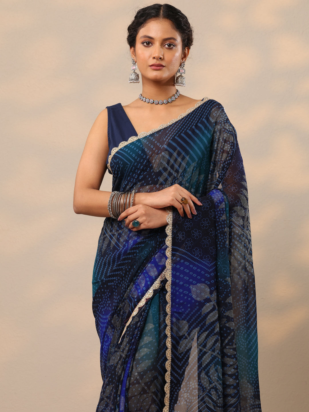  Blue Bandhani Printed Georgette Saree With Unstitched Blouse Piece 