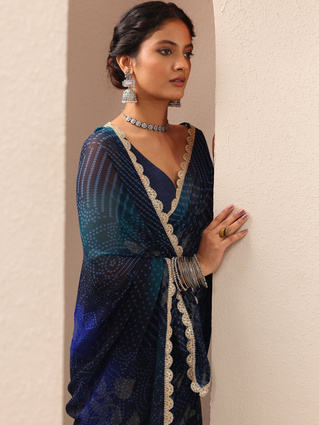  Blue Bandhani Printed Georgette Saree With Unstitched Blouse Piece 