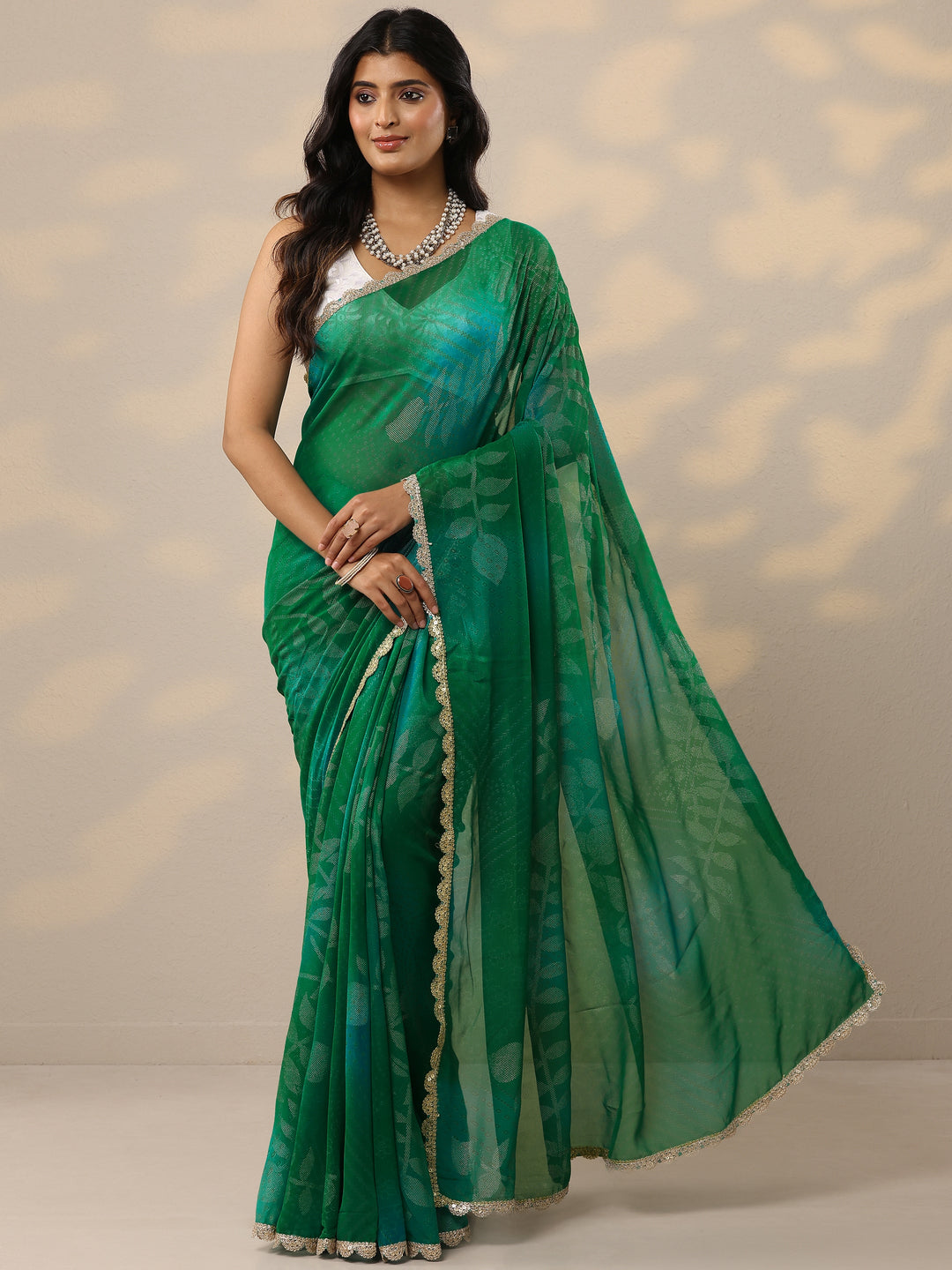  Green Bandhani Printed Georgette Sarees With Unstitched Blouse Piece 