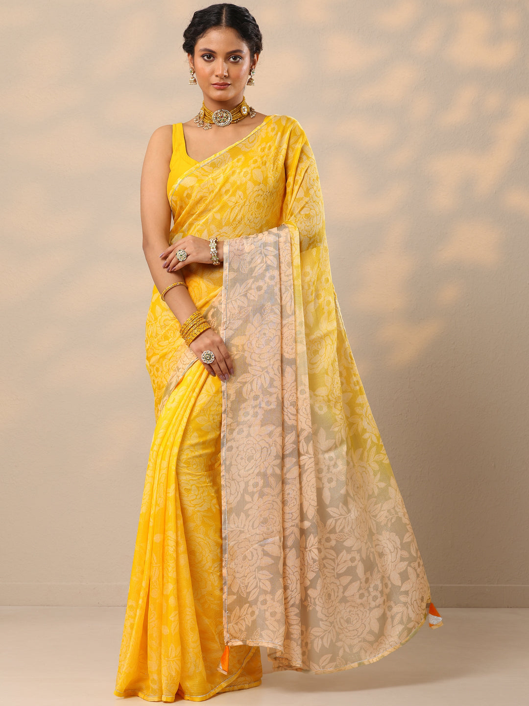  Yellow Printed Chinon Saree With Unstitched Blouse Piece 