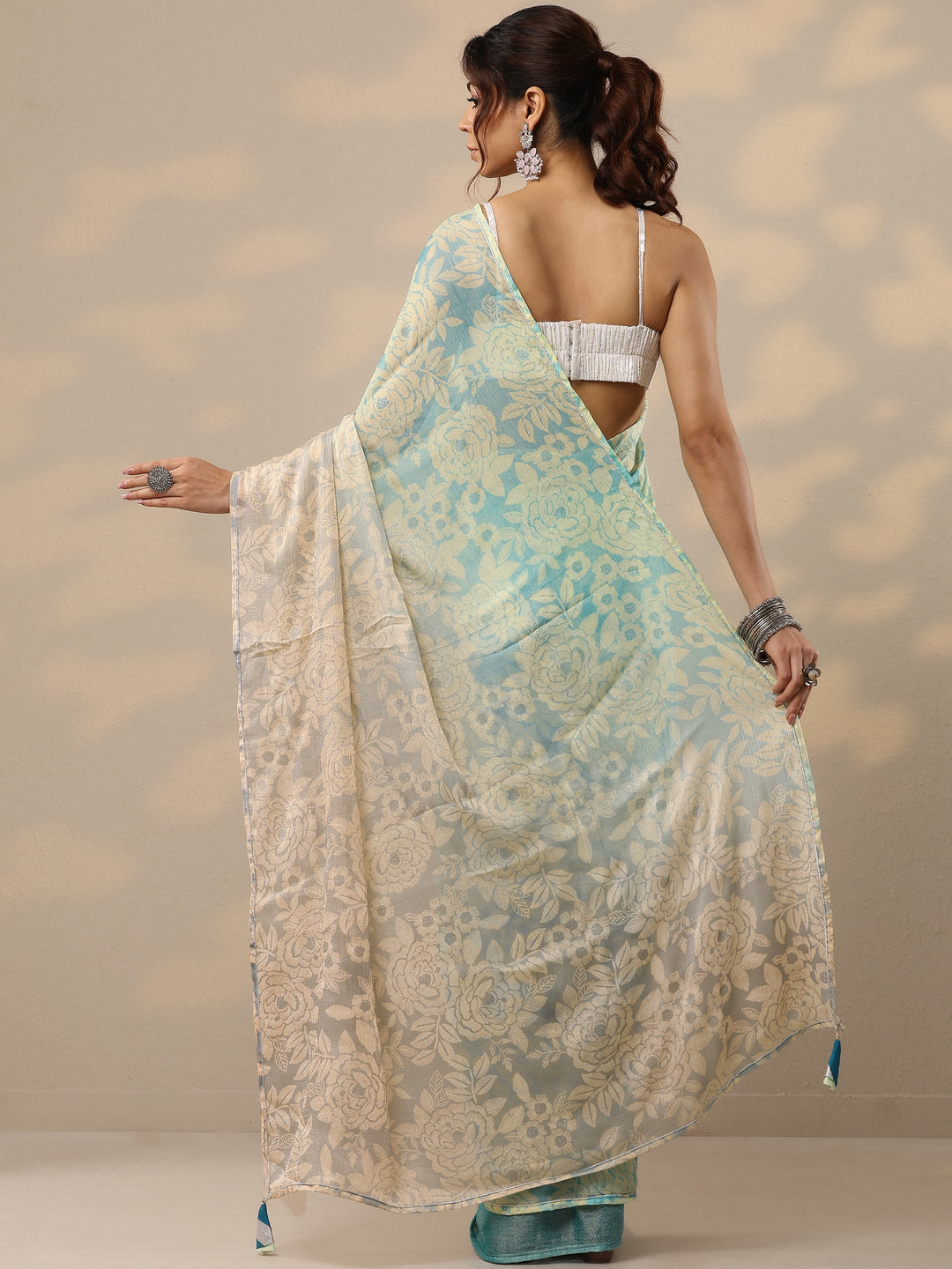  Blue Printed Silk Blend Sarees With Unstitched Blouse Piece 