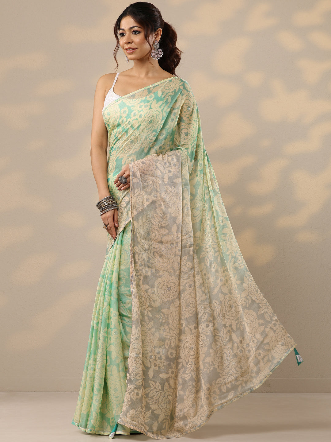  Green Printed Silk Blend Sarees With Unstitched Blouse Piece 