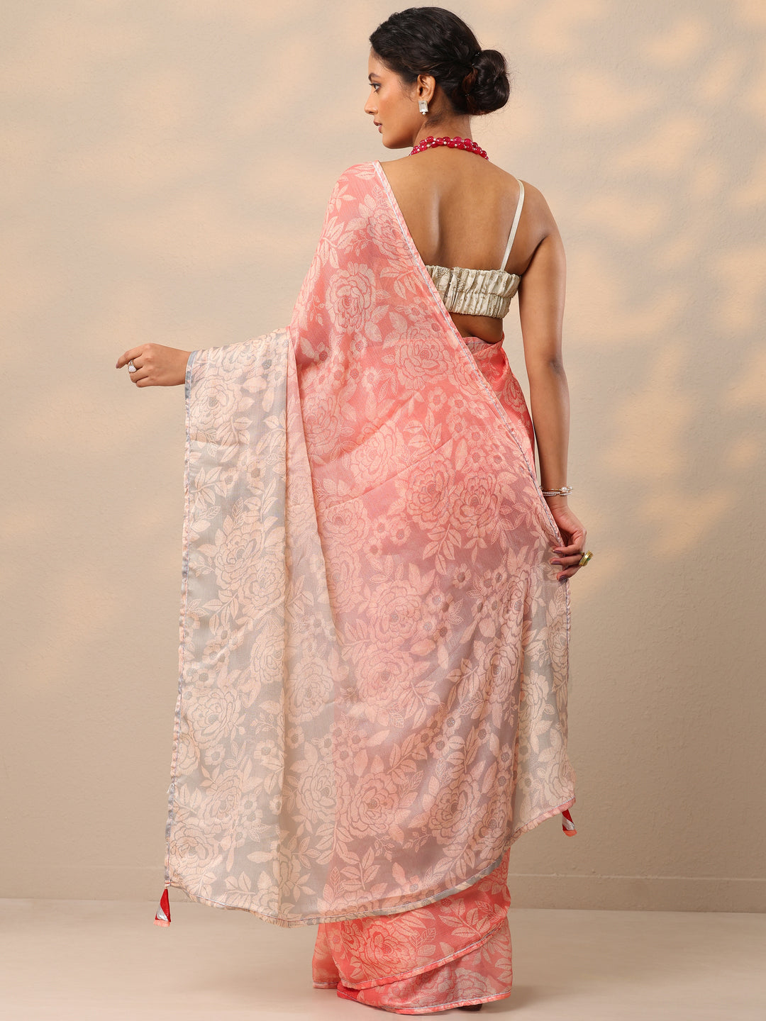  Peach Printed Chinon Saree With Unstitched Blouse Piece 