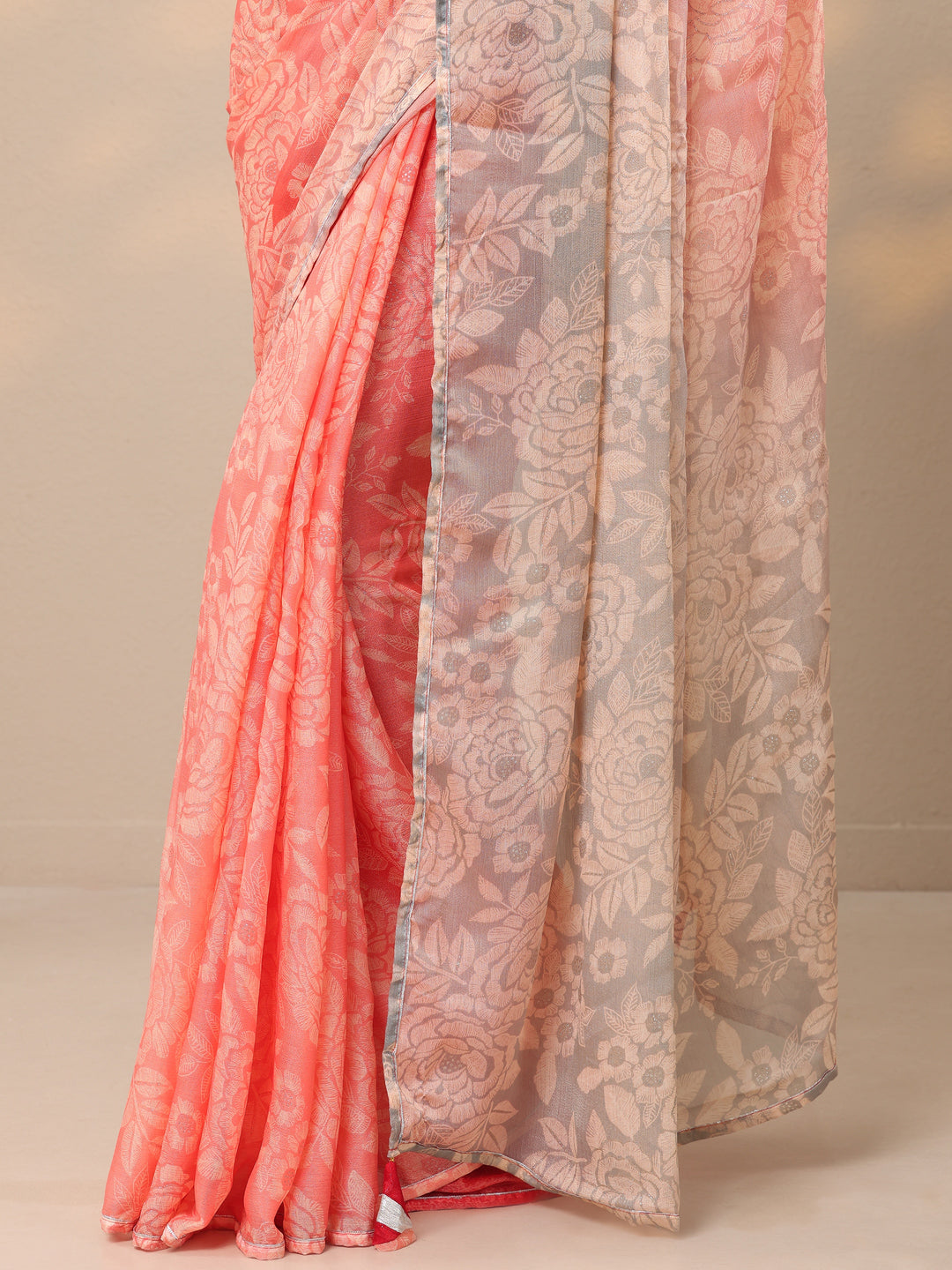  Peach Printed Chinon Saree With Unstitched Blouse Piece 