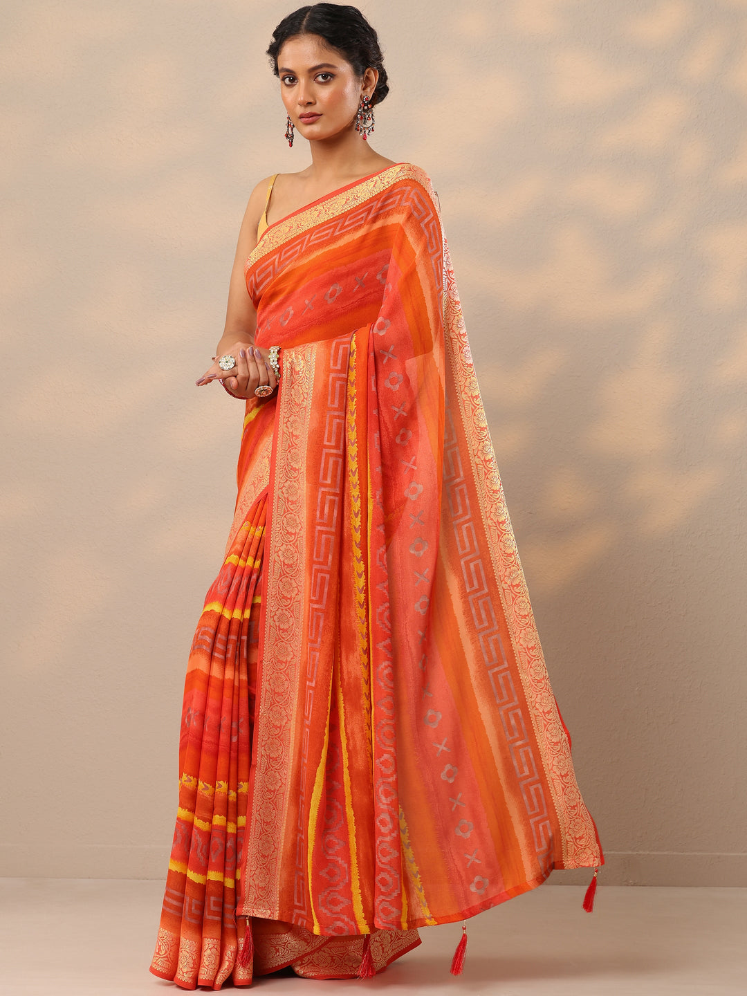  Orange Printed Georgette Saree With Unstitched Blouse Piece 