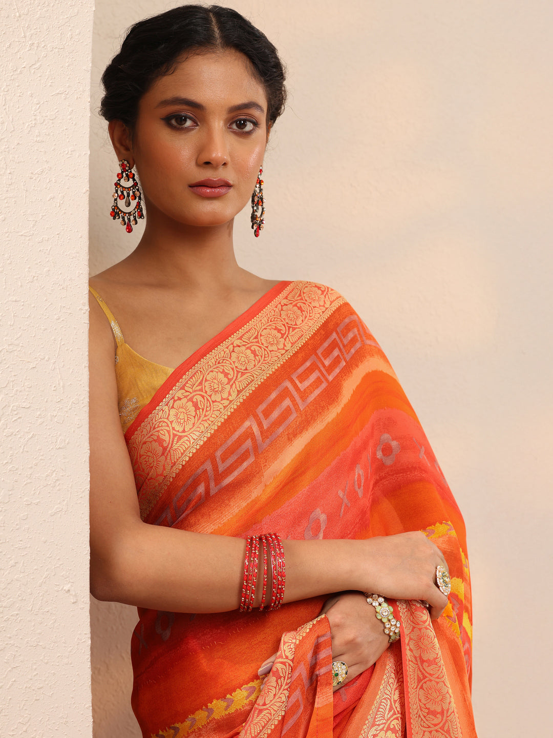  Orange Printed Georgette Saree With Unstitched Blouse Piece 