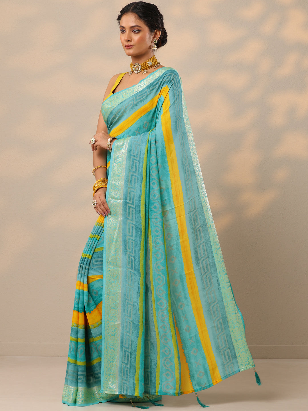  Blue Printed Georgette Saree With Unstitched Blouse Piece 