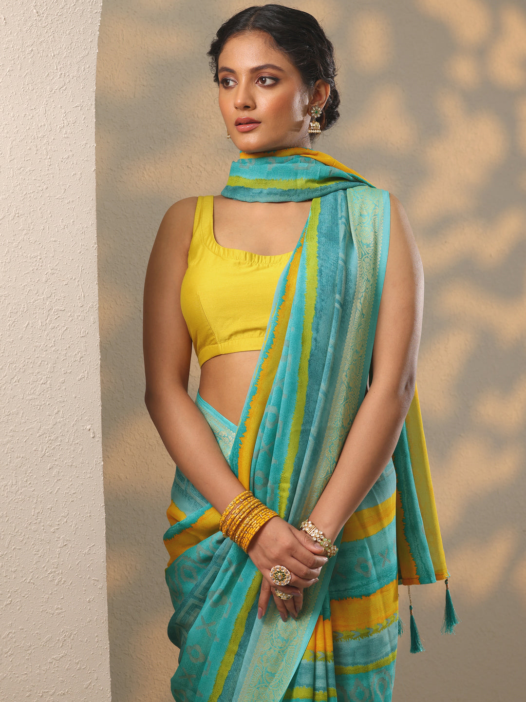  Blue Printed Georgette Saree With Unstitched Blouse Piece 