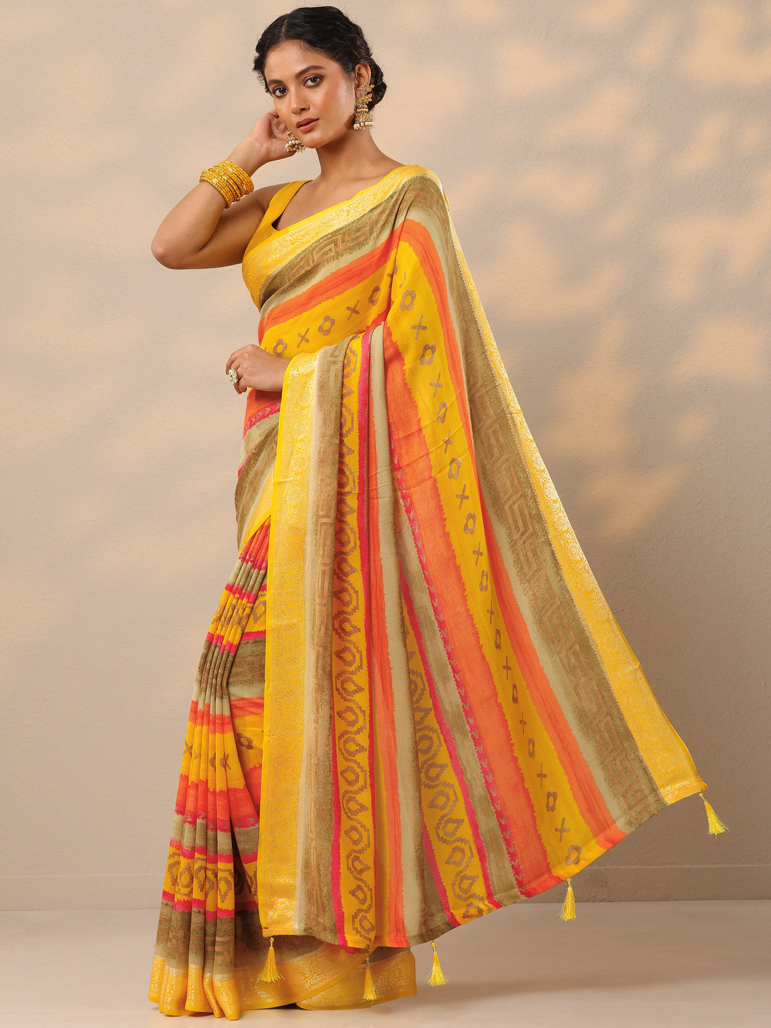  Multi Ikat Printed Georgette Saree With Unstitched Blouse Piece 